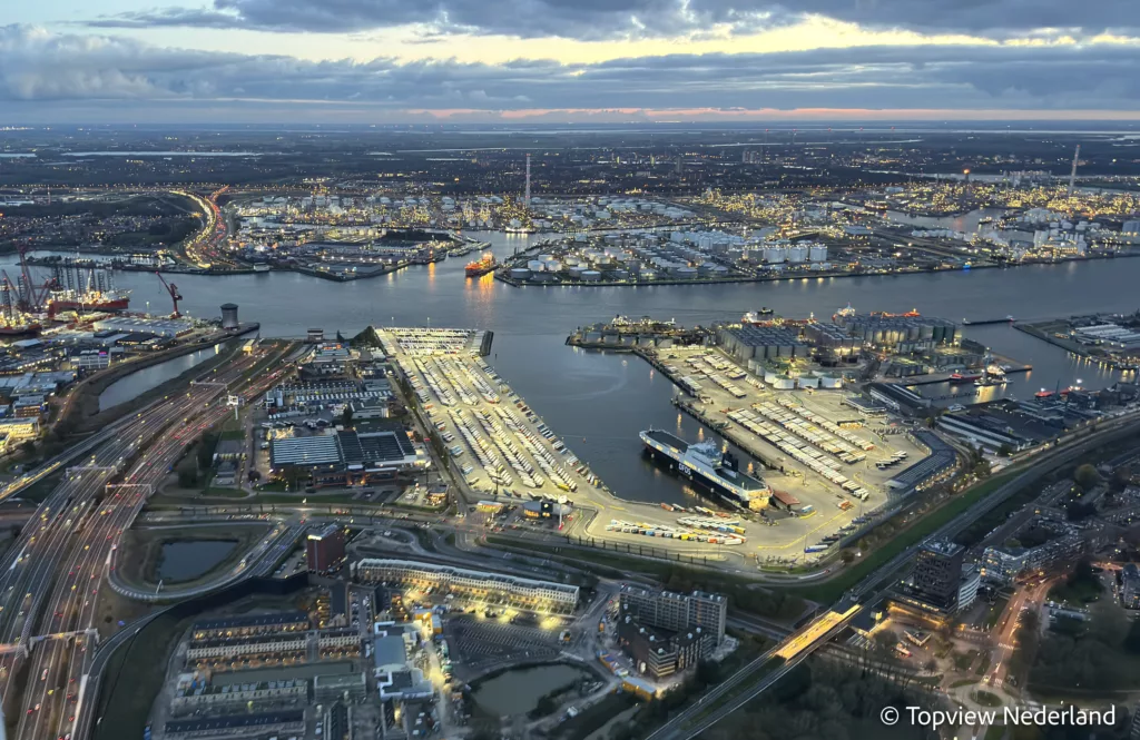 Aerial view of the illuminated DFDS terminal in Vlaardingen at night