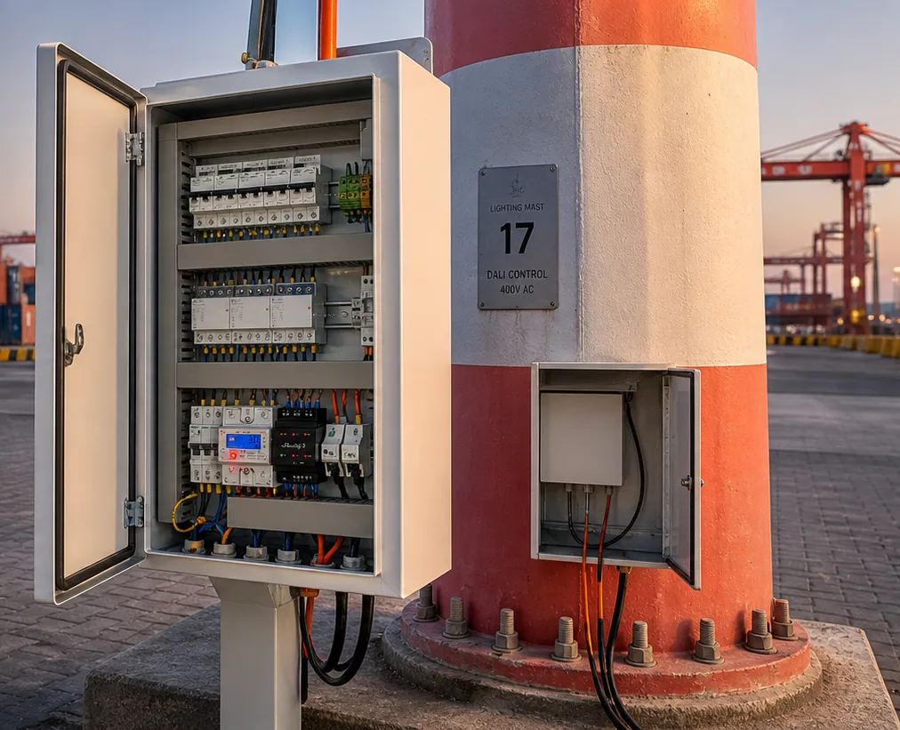 Elektrische schakelkast voor de terreinverlichting op een terminal