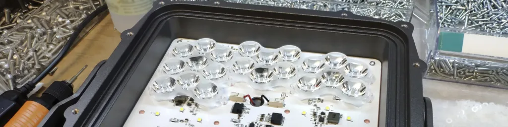 Eindassemblage van een Barracuda floodlight op de werkbank in Nijkerk