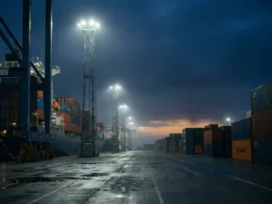 Terminal à conteneurs au crépuscule avec quai éclairé, navire porte-conteneurs amarré et piles de conteneurs colorées sous des mâts industriels à LED.