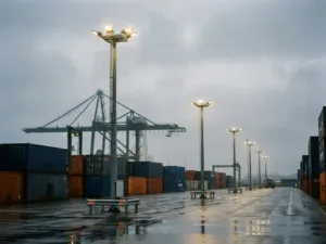 Terminal à conteneurs éclairée avec des mâts industriels à LED, des piles de conteneurs maritimes et un portique sur fond de ciel nuageux néerlandais.