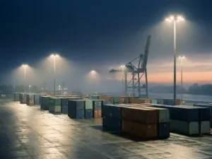 Terminal de conteneurs au crépuscule, illuminé par des mâts industriels à LED, avec des conteneurs empilés et une grue de port sur un fond brumeux.