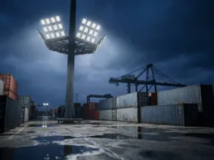 Haut mât d'éclairage avec lumière LED au-dessus d'un terminal à conteneurs actif au crépuscule, conteneurs empilés et grue de port à l'arrière-plan.