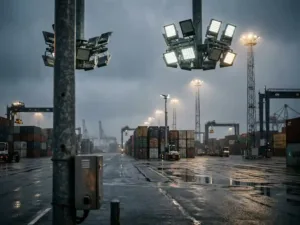 Des projecteurs LED industriels sur mâts en acier éclairent un terminal à conteneurs européen avec des conteneurs empilés et de l'asphalte mouillé.