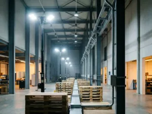 Un éclairage LED industriel de type highbay, monté sur un mât en acier, illumine un grand entrepôt européen doté d'un sol en béton et de rangées de palettes.