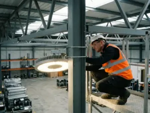 Un technicien portant un casque de sécurité et un gilet inspecte un projecteur LED industriel sur un mât en acier dans un entrepôt avec un sol en béton et des fermes de toit.