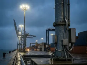 Des projecteurs à LED montés sur de hauts mâts en acier illuminent un terminal à conteneurs animé au crépuscule, avec des grues et des piles de conteneurs en arrière-plan.