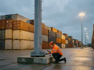 Un technicien en gilet de sécurité orange supervise l'installation d'un mât d'éclairage industriel dans un terminal à conteneurs européen au crépuscule.