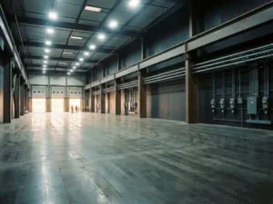 Entrepôt industriel avec éclairage industriel LED au-dessus d'un sol en béton poli, poutres en acier et chemins de câbles le long des murs latéraux, lumière du jour via les quais de chargement.