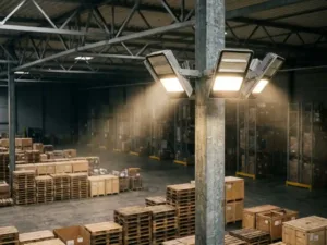 Projecteurs industriels à LED sur mât en acier éclairent l'intérieur d'un entrepôt avec un sol en béton, des palettes et des fermes de toit en acier.
