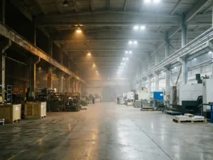 Entrepôt avec un contraste entre des lampes au sodium vieillissantes émettant une lumière orange et des luminaires à suspension LED modernes sur des fermes en acier.