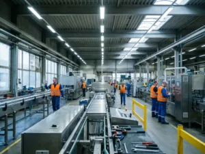 Hangar industriel aux Pays-Bas avec éclairage LED, tapis roulants et ouvriers portant des gilets de sécurité sur le lieu de travail.