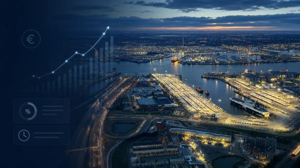 Luchtfoto van een haventerminal bij schemering met een stijgende grafiek en euro-, procent- en tijd-iconen