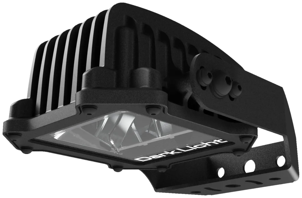 DarkLicht S LED work light in Titanium Black with full cut-off reflector and bracket, angled from below