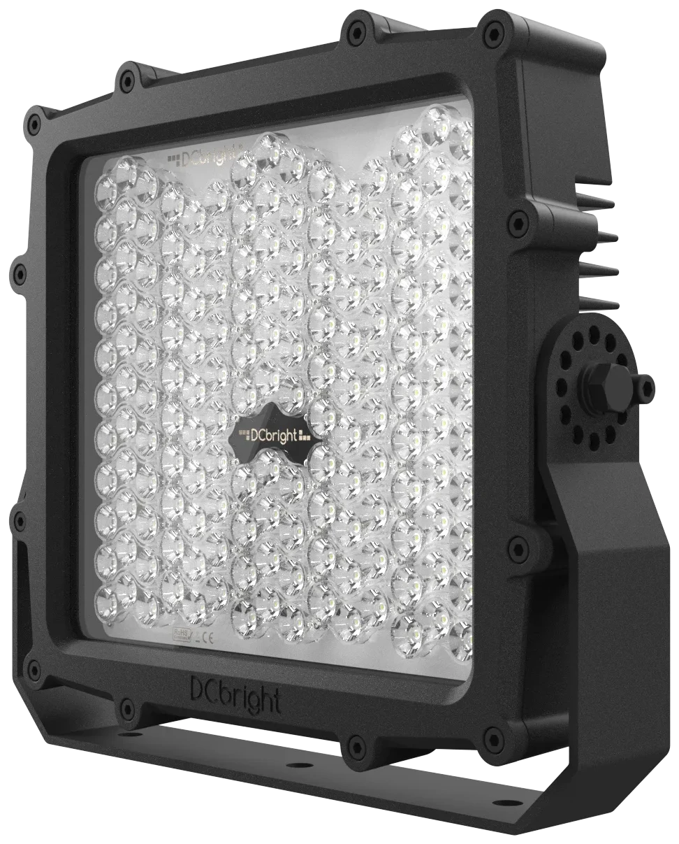 Orca LED floodlight in Titanium Black with 316L bracket, angled from the front